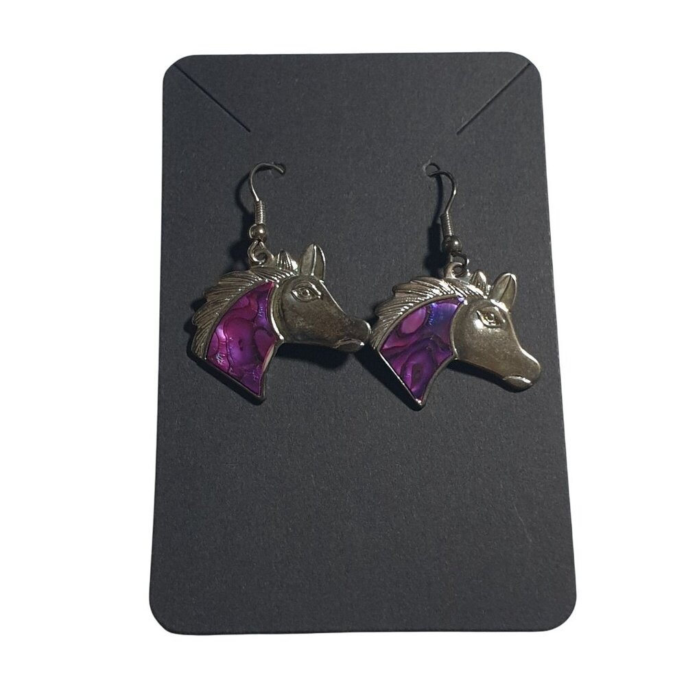 Horse Head Drop Earrings Silver Purple Marbled Metal Lightweight Novelty Jewelry